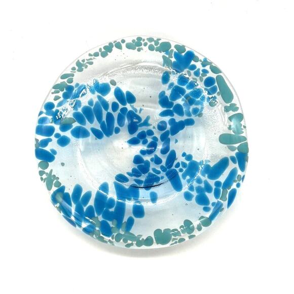 Hand Blown Art Glass Shallow Bowl Blue and Teal Speckled Swirl 6.5” Wide - Picture 4 of 10